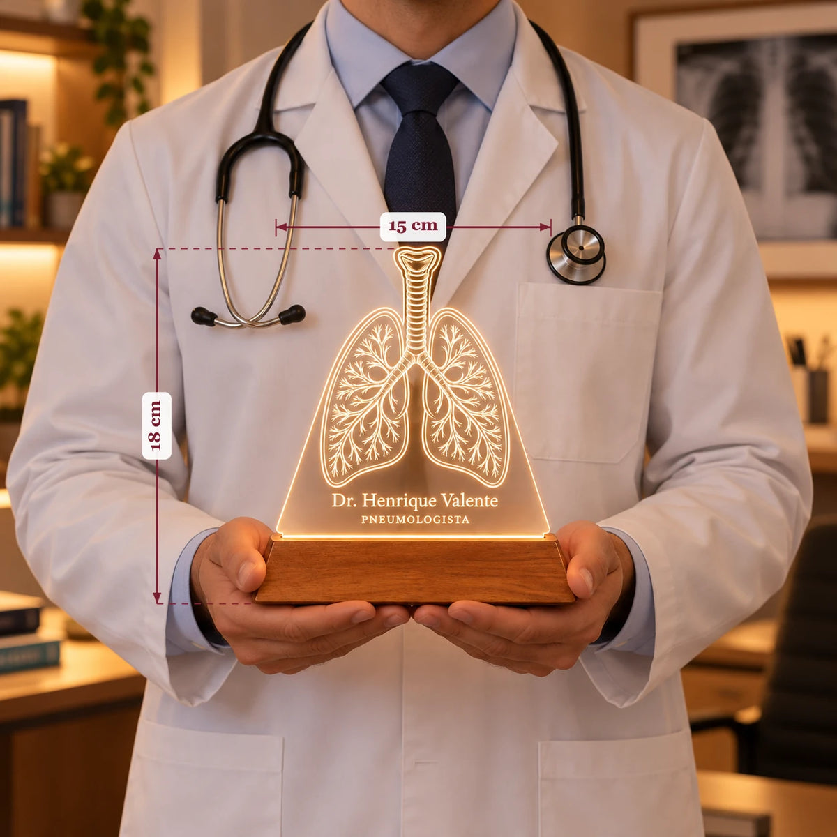 Médico de jaleco e estetoscópio segurando a Luminária Pneumologista acesa, com pulmões e nome gravados no acrílico
