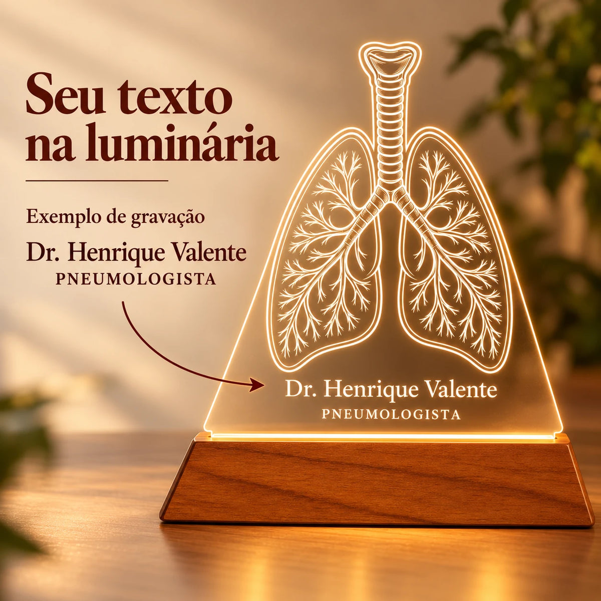 Exemplo de nome e especialidade gravados na Luminária Pneumologista personalizada: Dr. Henrique Valente, Pneumologista