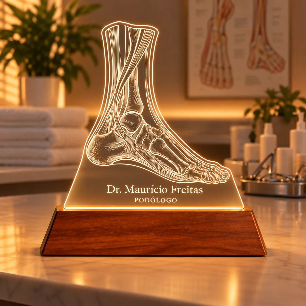 Luminária Podólogo personalizada acesa, com desenho anatômico de pé e o nome Dr. Maurício Freitas gravados em acrílico sobre base de madeira