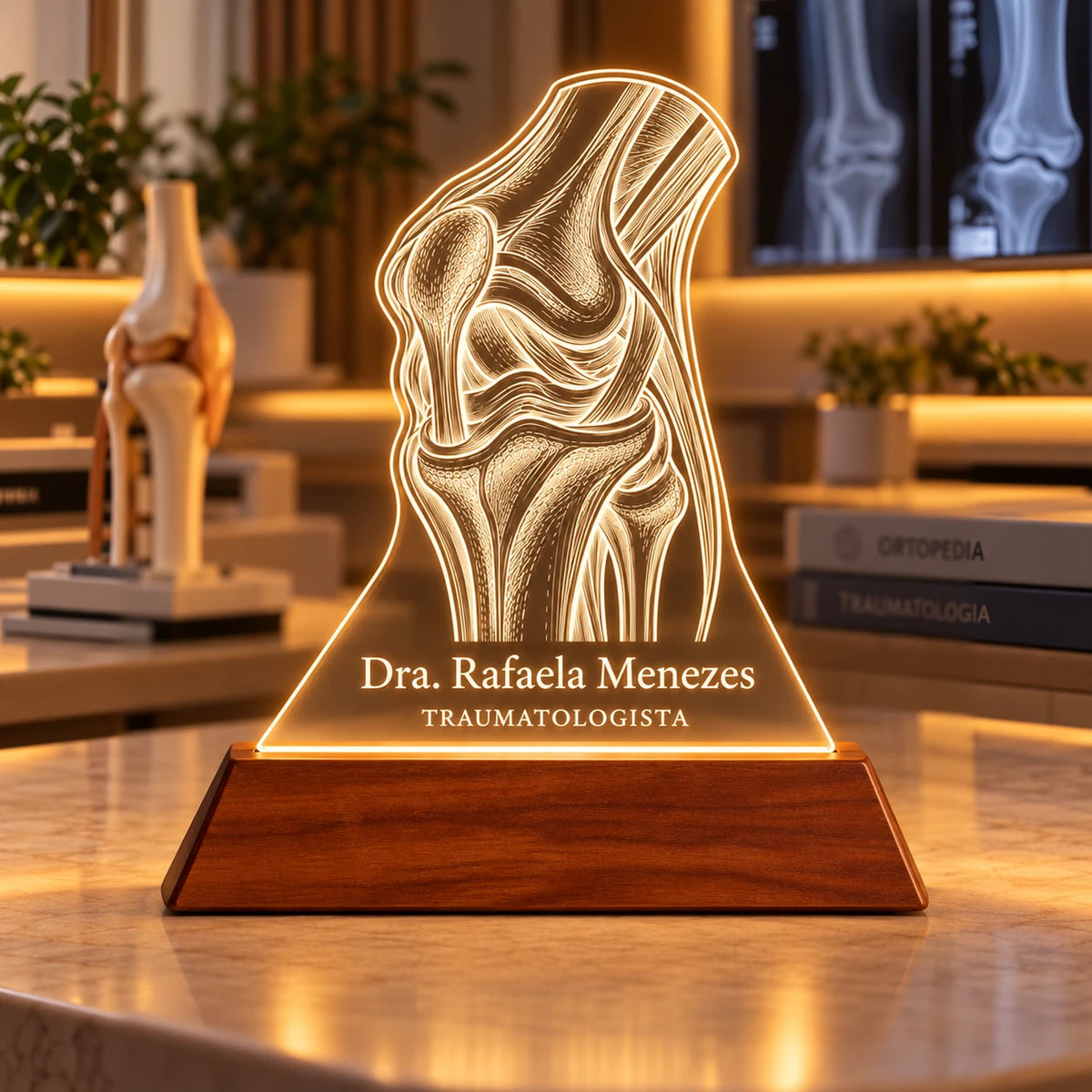 Luminária Traumatologista personalizada acesa, com desenho de joelho anatômico e o nome Dra. Rafaela Menezes gravados em acrílico sobre base de madeira