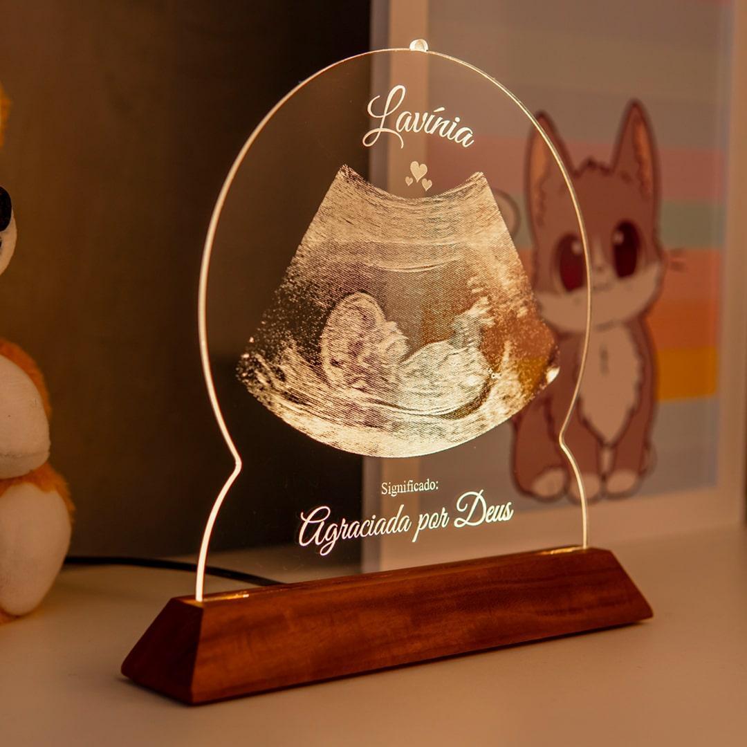 Luminária personalizada com imagem de ultrassom de bebê, base de madeira, decoração infantil
