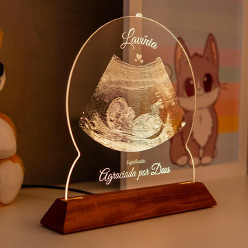 Luminária personalizada com imagem de ultrassom de bebê, base de madeira, decoração infantil