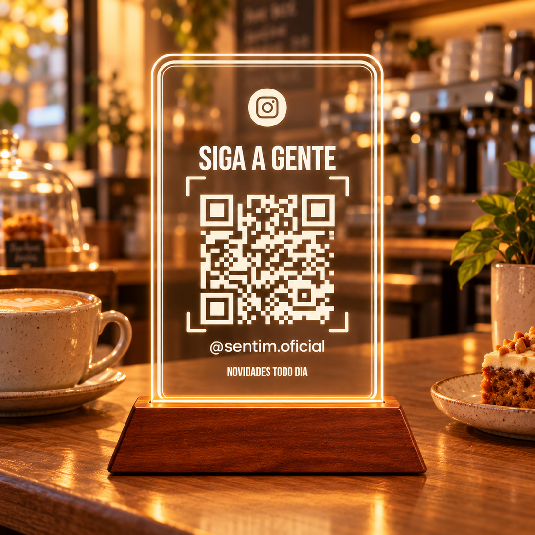 Placa de acrílico em pé com LED e base de madeira, com o ícone do Instagram, a frase Siga a gente, o QR Code e o @usuário