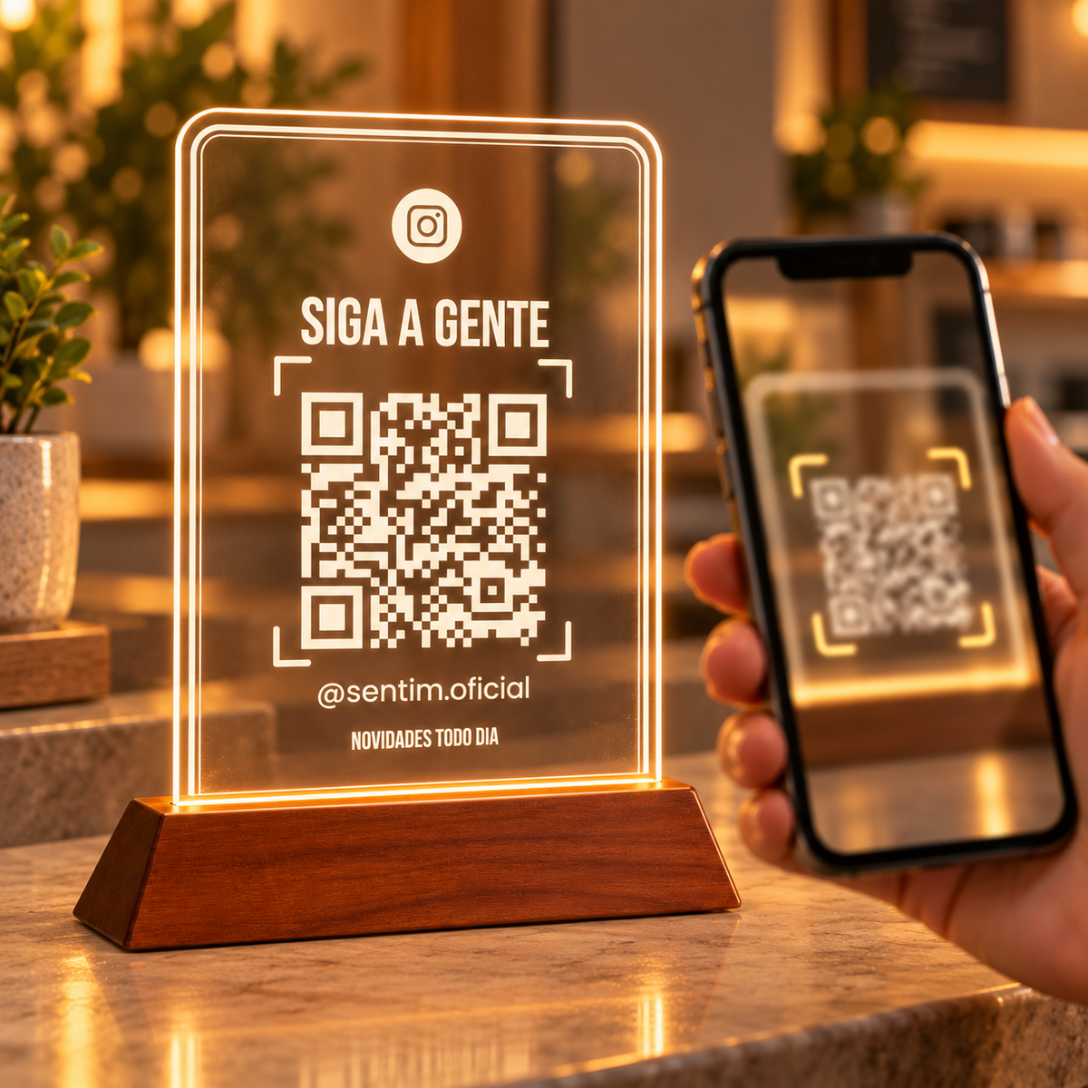 Mão segurando um celular com a câmera apontada para o QR Code de Instagram da placa