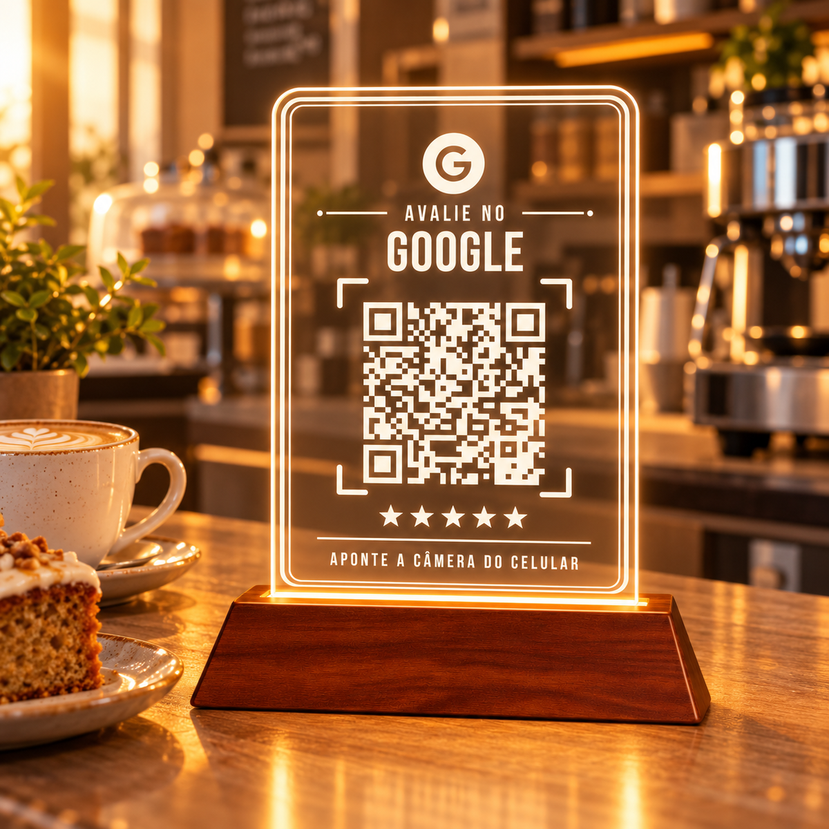 Placa com avaliação no Google e luz LED sobre o balcão de uma cafeteria, com luz quente ao fundo