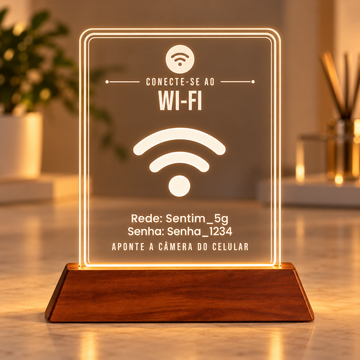 Placa de acrílico em pé com LED e base de madeira, com o símbolo de Wi-Fi, o texto Conecte-se ao Wi-Fi e a rede e a senha escritas
