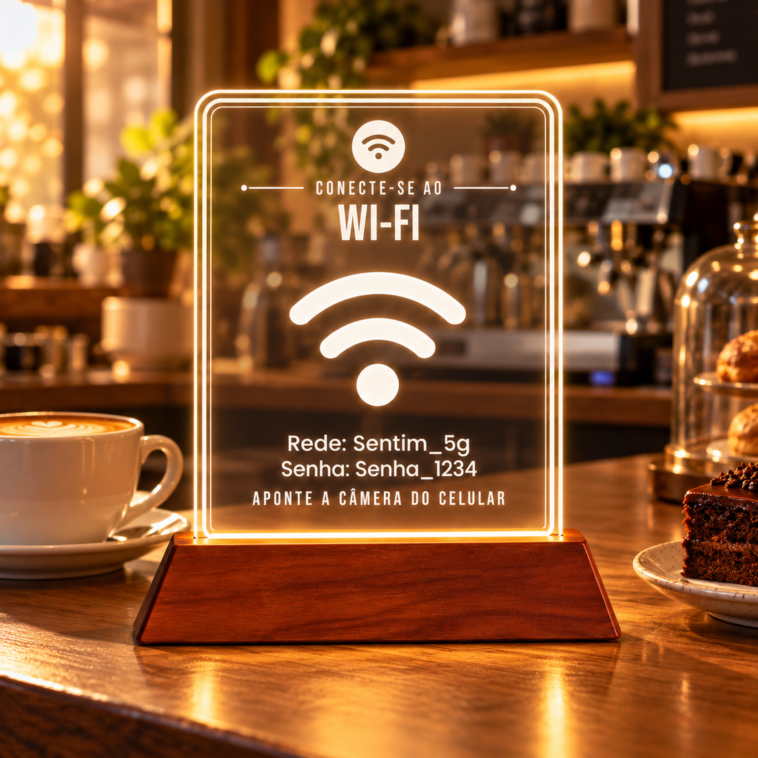 Placa de acrílico em pé com LED e base de madeira, com o símbolo de Wi-Fi, o texto Conecte-se ao Wi-Fi e a rede e a senha escritas