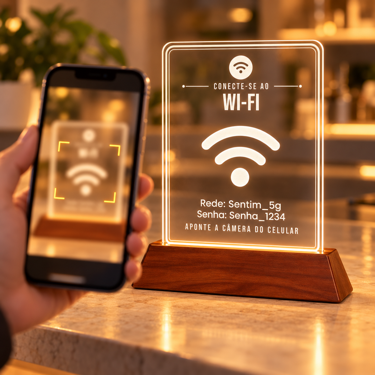 Mão segurando um celular diante da placa de Wi-Fi iluminada, sobre o balcão de uma cafeteria