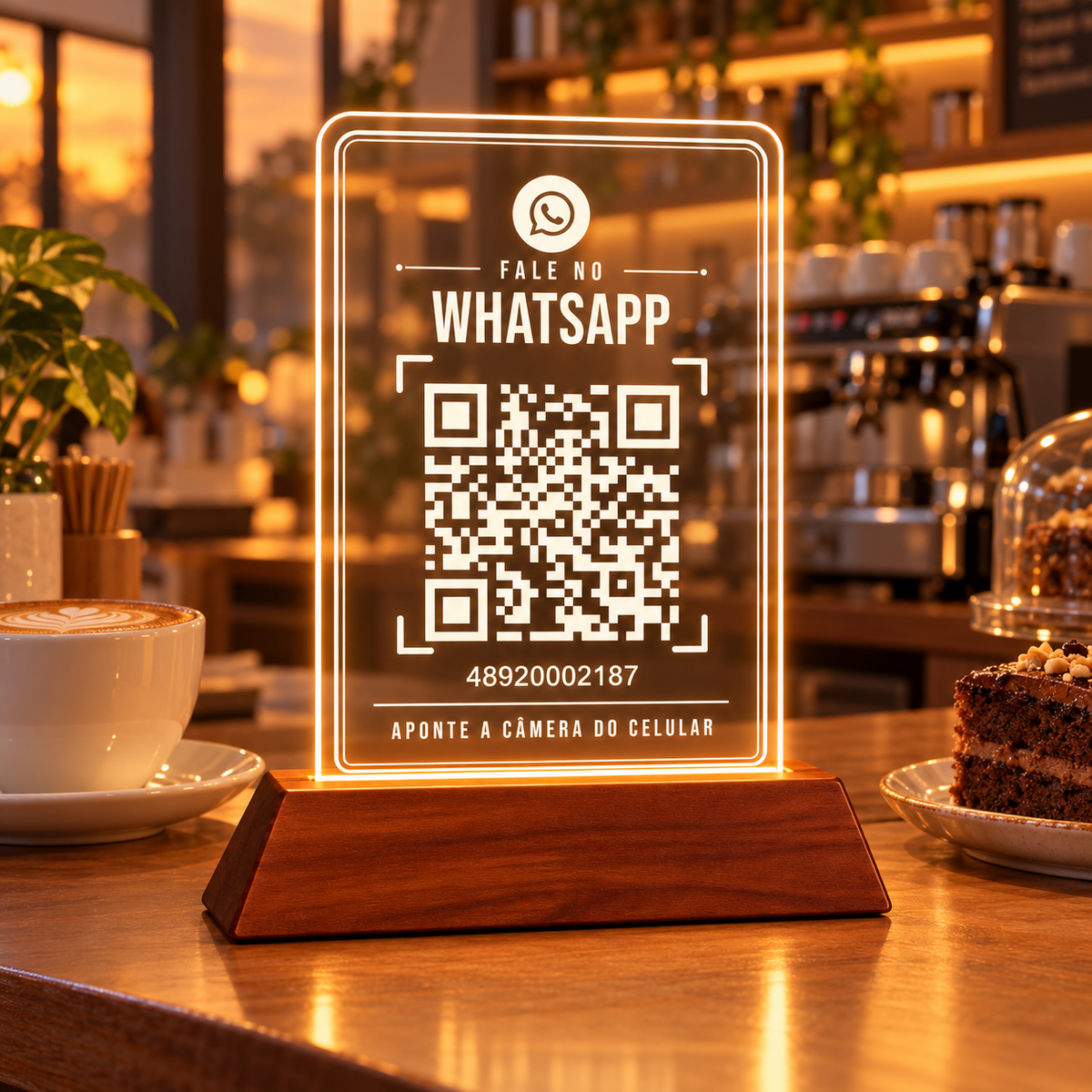 Placa com WhatsApp e luz LED sobre o balcão de uma cafeteria, com luz quente ao fundo