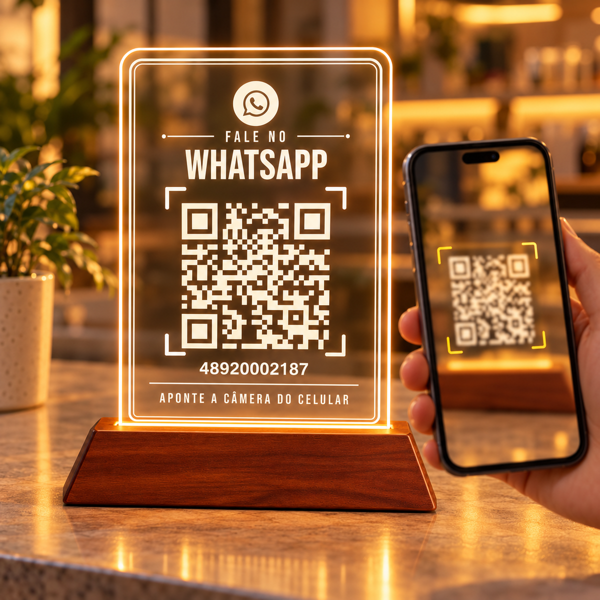 Mão segurando um celular com a câmera apontada para o QR Code de WhatsApp da placa