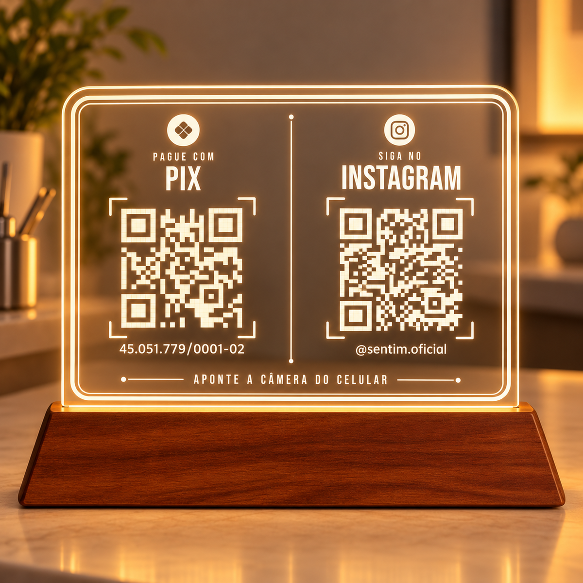 Placa de acrílico horizontal com LED e base de madeira, com dois QR Codes: Pague com Pix e Siga no Instagram