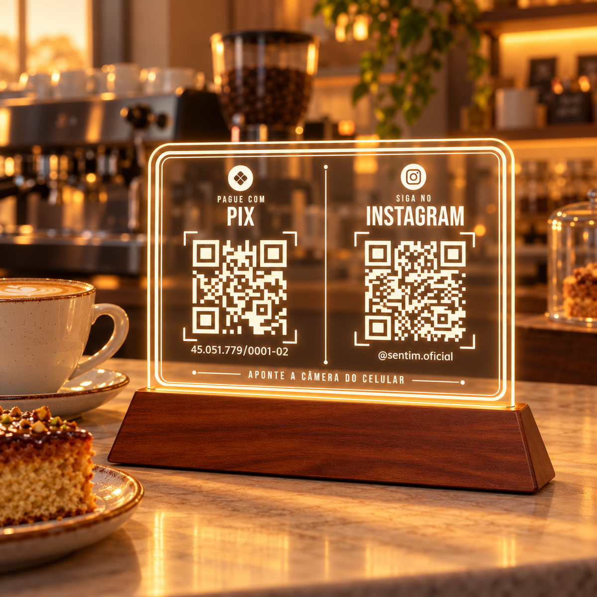 Placa com Pix e Instagram e luz LED sobre o balcão de uma cafeteria, com luz quente ao fundo