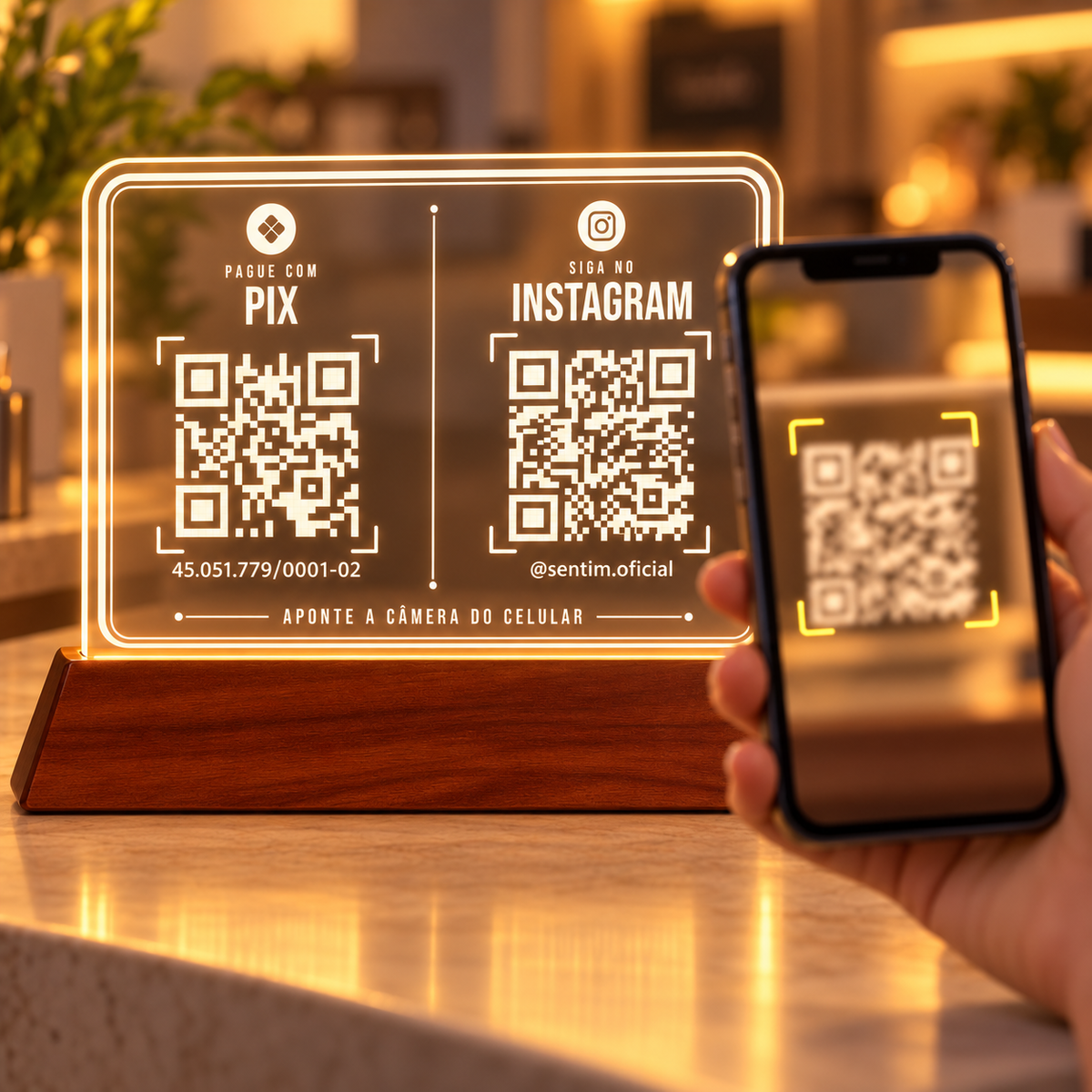 Mão segurando um celular com a câmera apontada para um dos QR Codes da placa