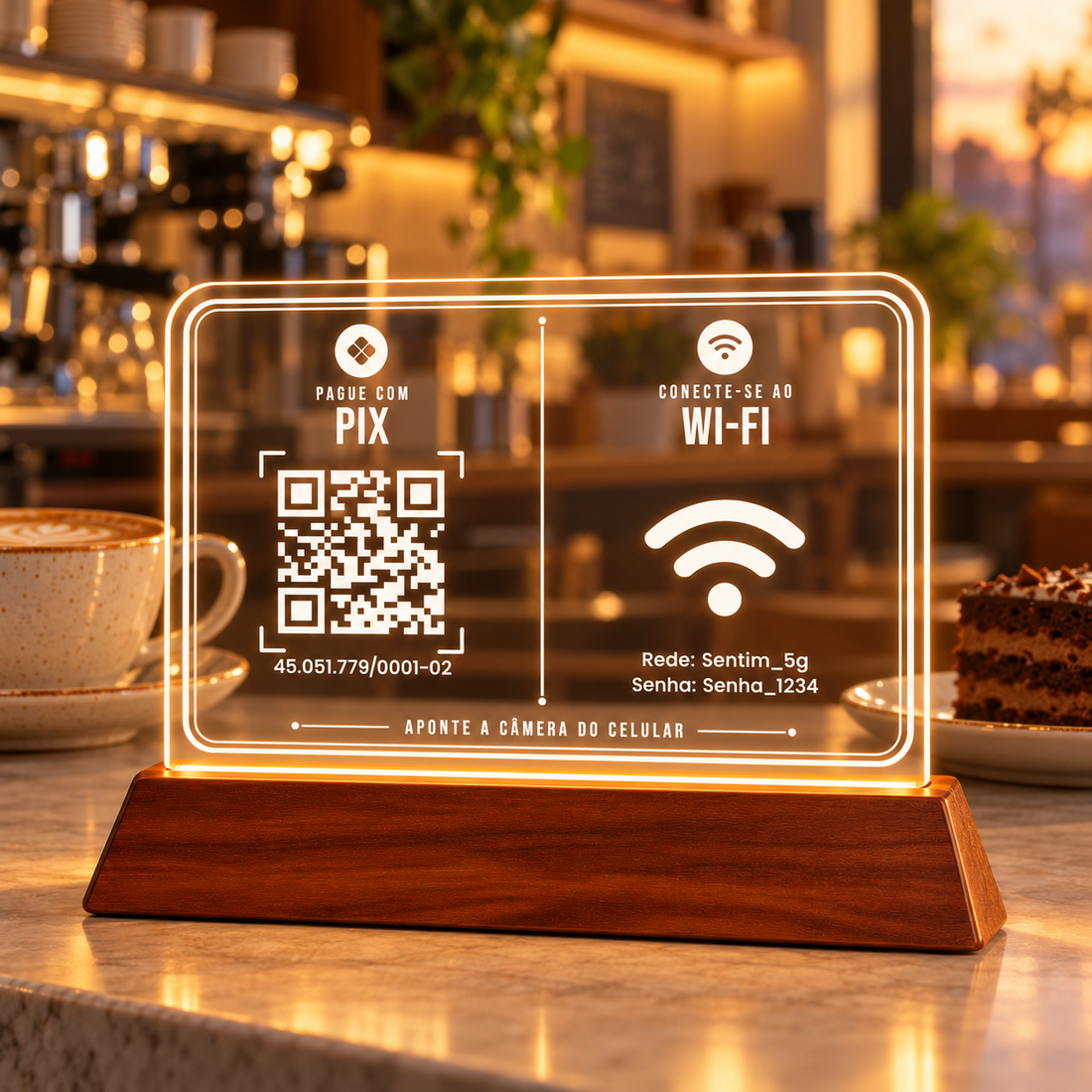 Placa de acrílico horizontal com LED e base de madeira, com o QR Code do Pix e o símbolo de Wi-Fi com rede e senha