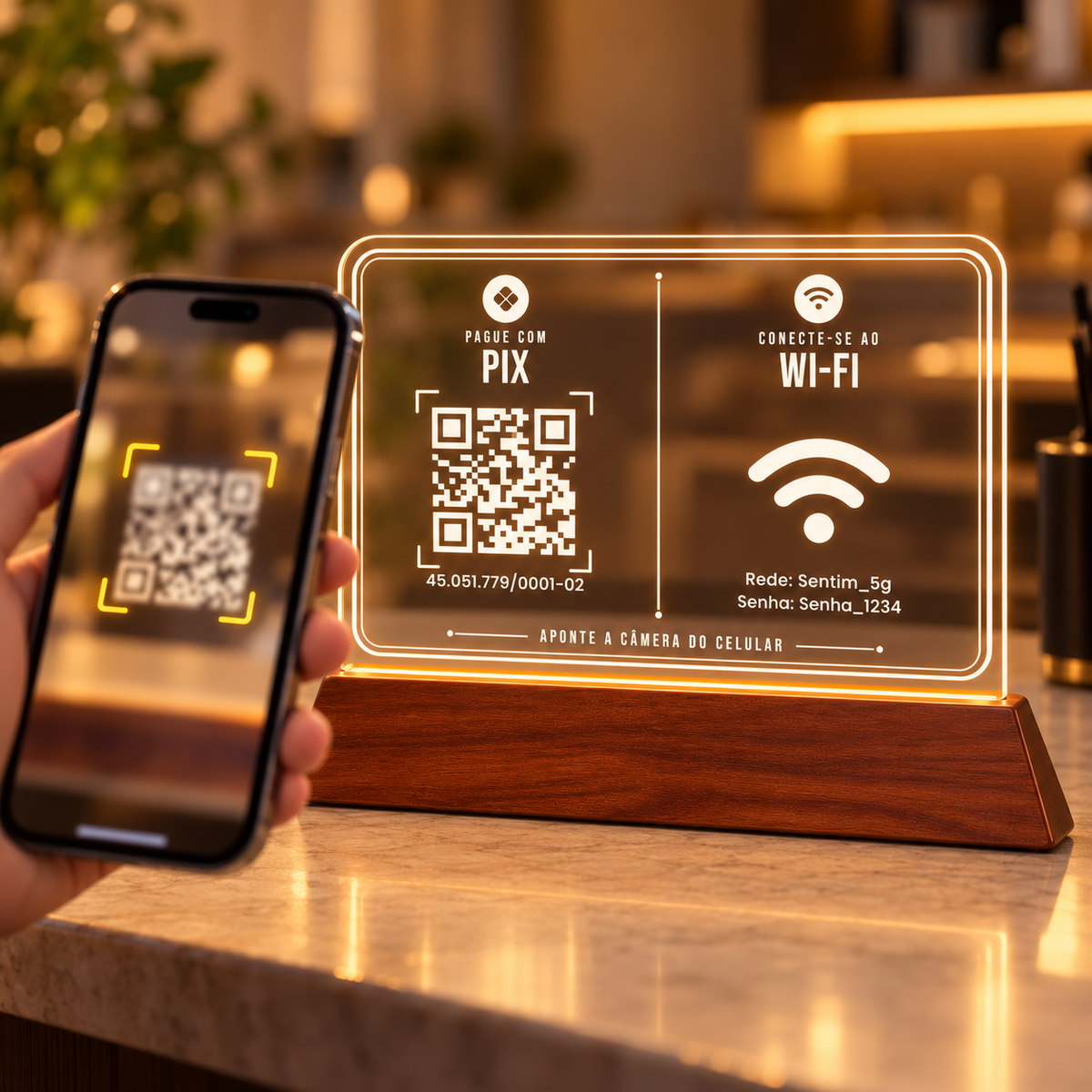 Mão segurando um celular com a câmera apontada para o QR Code de Pix da placa