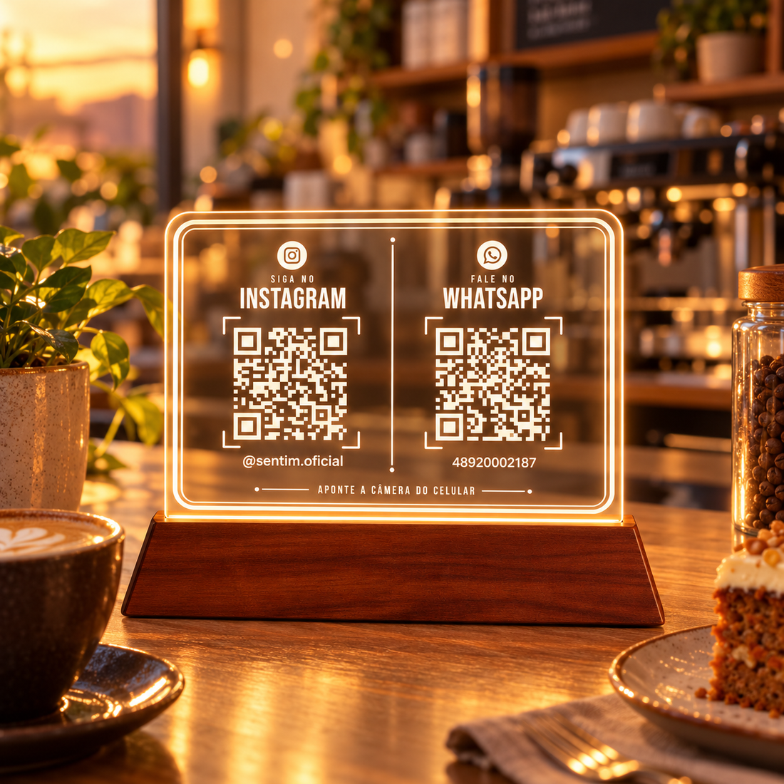 Placa de acrílico horizontal com LED e base de madeira, com dois QR Codes: Siga no Instagram e Fale no WhatsApp