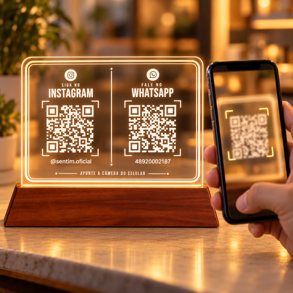 Mão segurando um celular com a câmera apontada para um dos QR Codes da placa