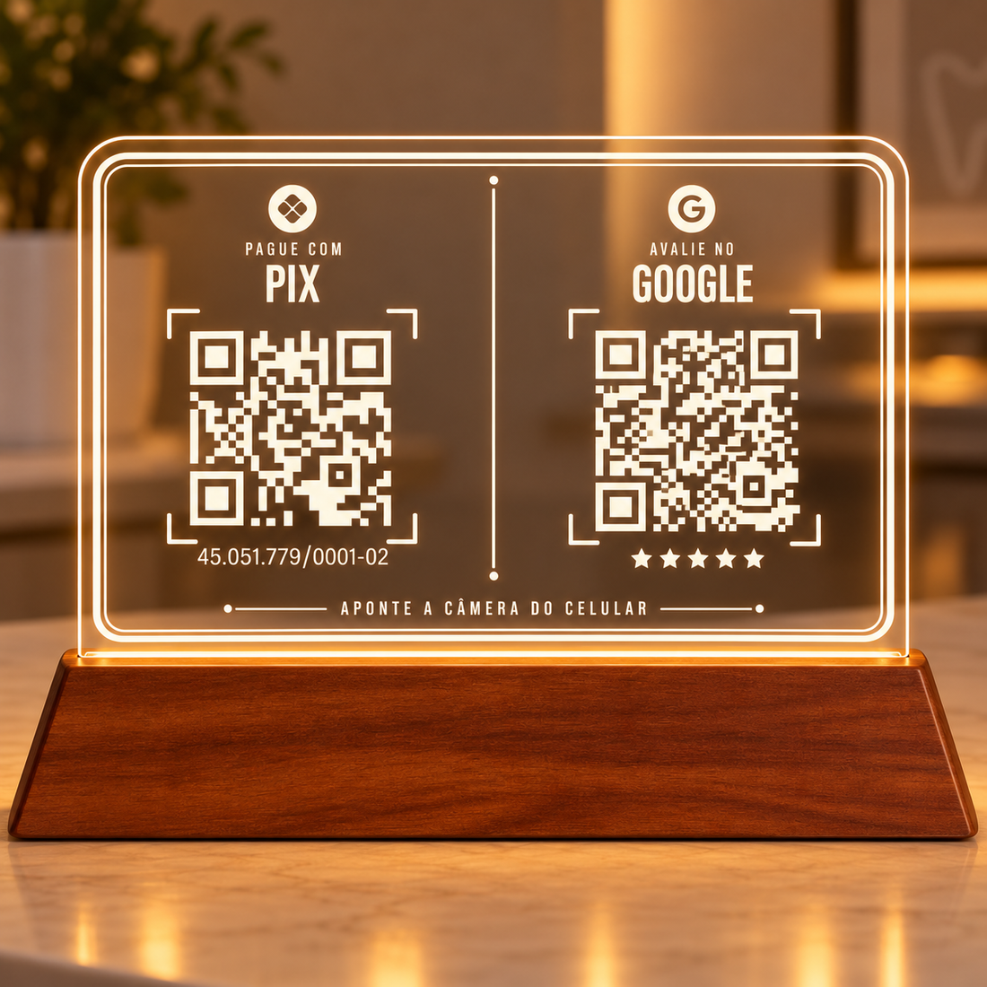 Placa de acrílico horizontal com LED e base de madeira, com dois QR Codes: Pague com Pix e Avalie no Google