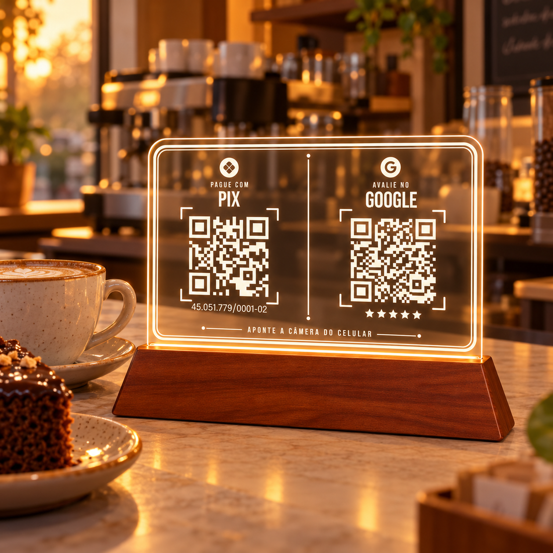 Placa de acrílico horizontal com LED e base de madeira, com dois QR Codes: Pague com Pix e Avalie no Google