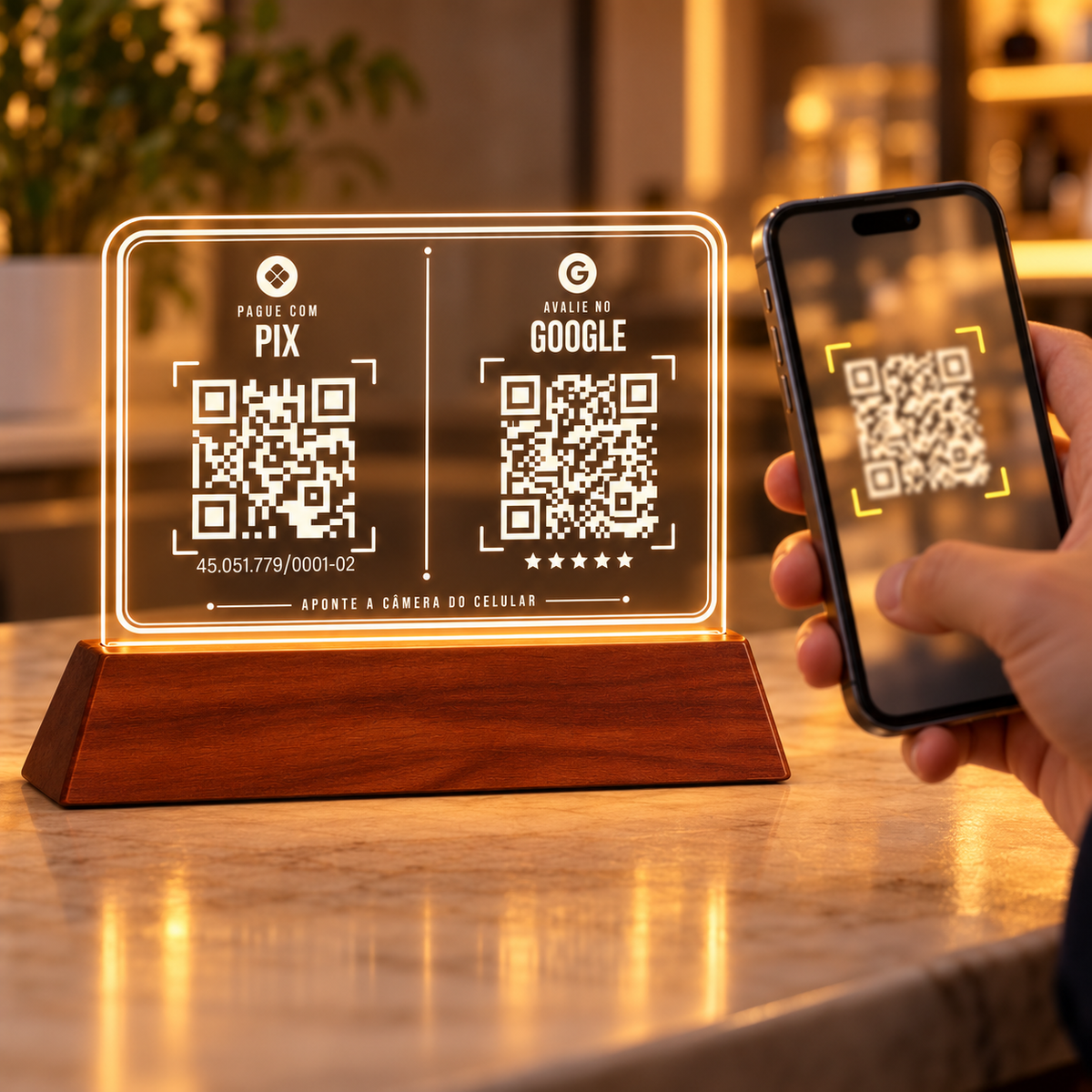 Mão segurando um celular com a câmera apontada para um dos QR Codes da placa