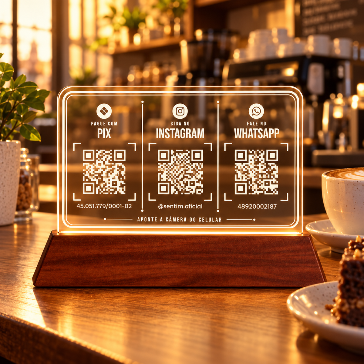 Placa com Pix, Instagram e WhatsApp e luz LED sobre o balcão de uma cafeteria, com luz quente ao fundo