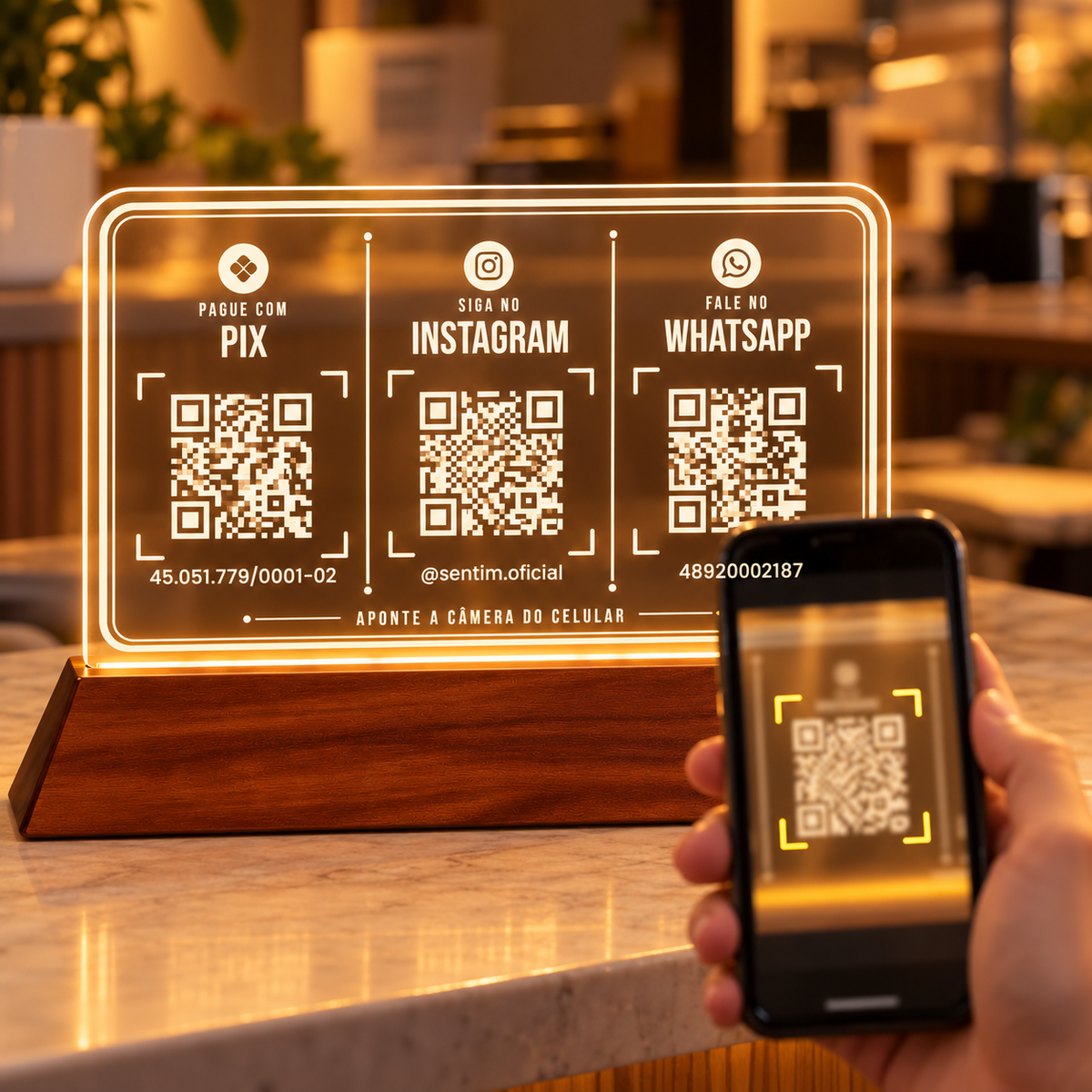 Mão segurando um celular com a câmera apontada para um dos QR Codes da placa