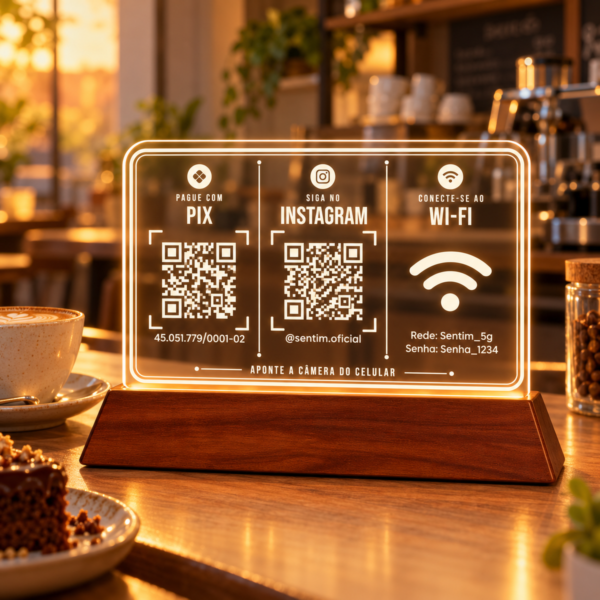 Placa com Pix, Instagram e Wi-Fi e luz LED sobre o balcão de uma cafeteria, com luz quente ao fundo