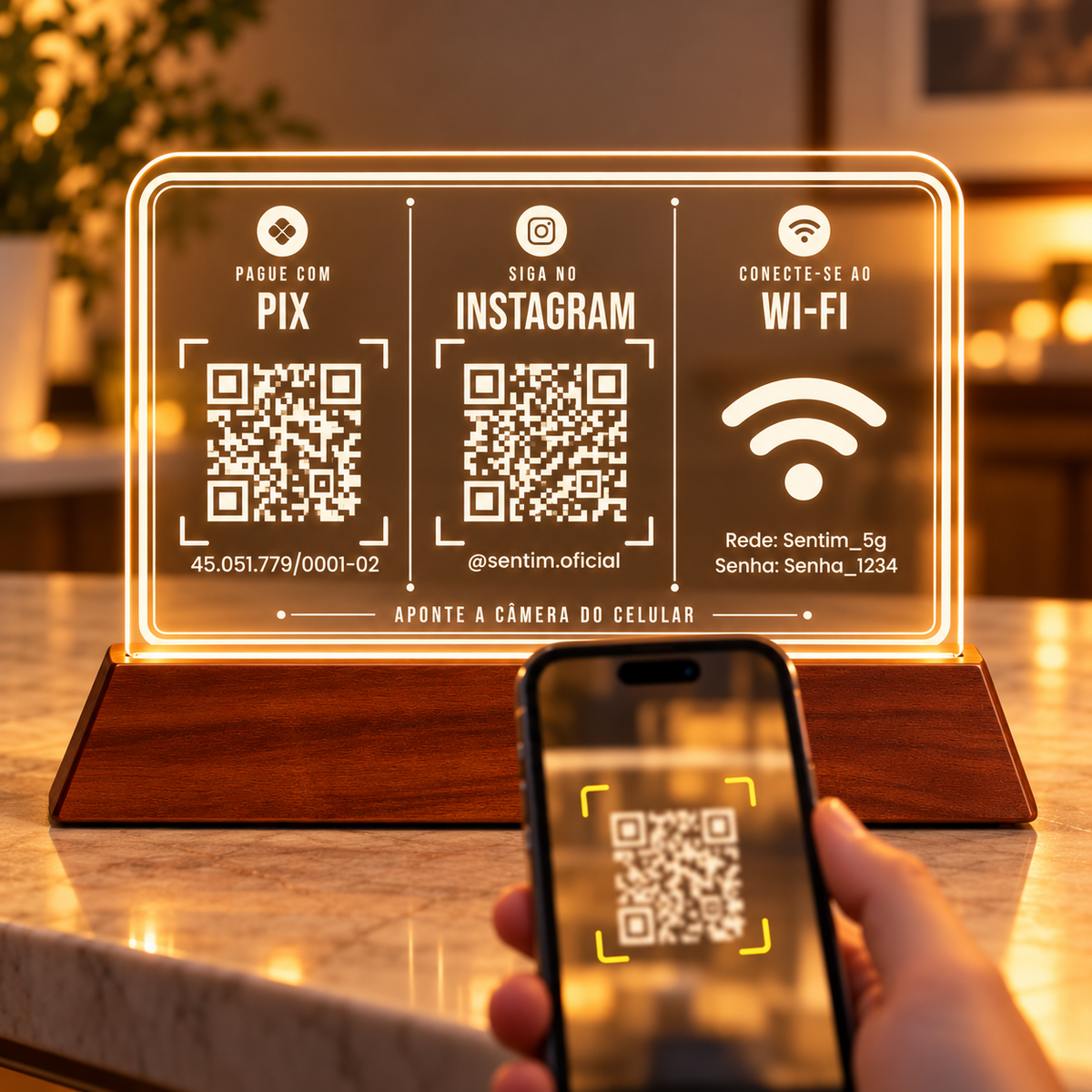 Mão segurando um celular com a câmera apontada para o QR Code de Pix da placa