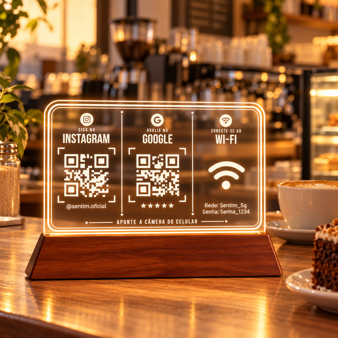 Placa de acrílico horizontal com LED e base de madeira, com dois QR Codes (Instagram e Google) e o símbolo de Wi-Fi com rede e senha