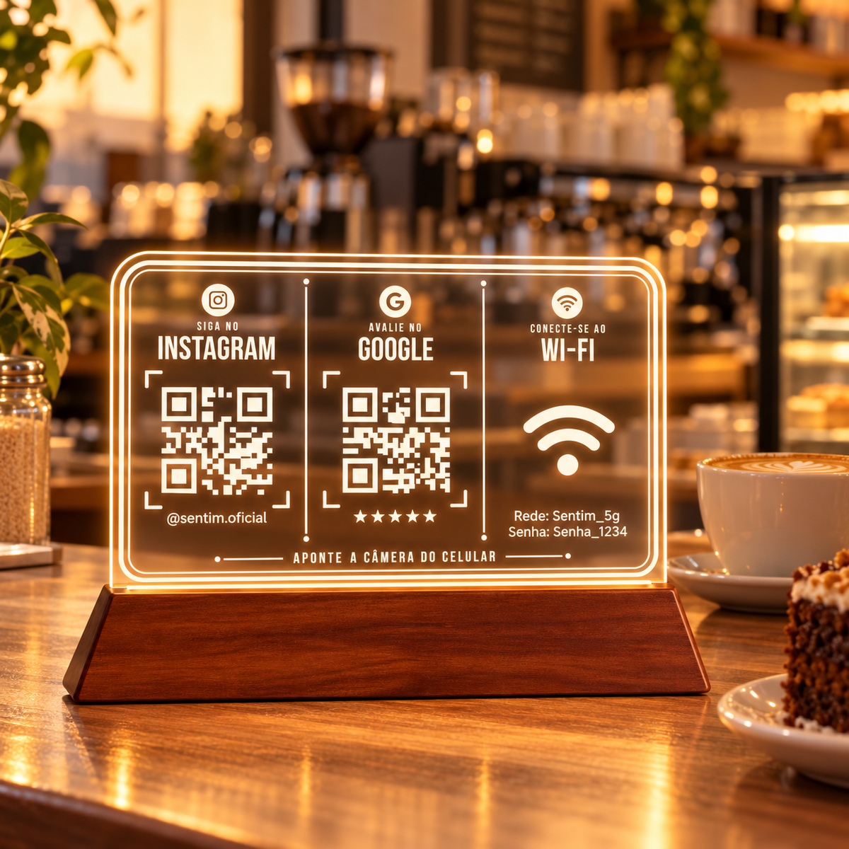 Placa com Instagram, Google e Wi-Fi e luz LED sobre o balcão de uma cafeteria, com luz quente ao fundo