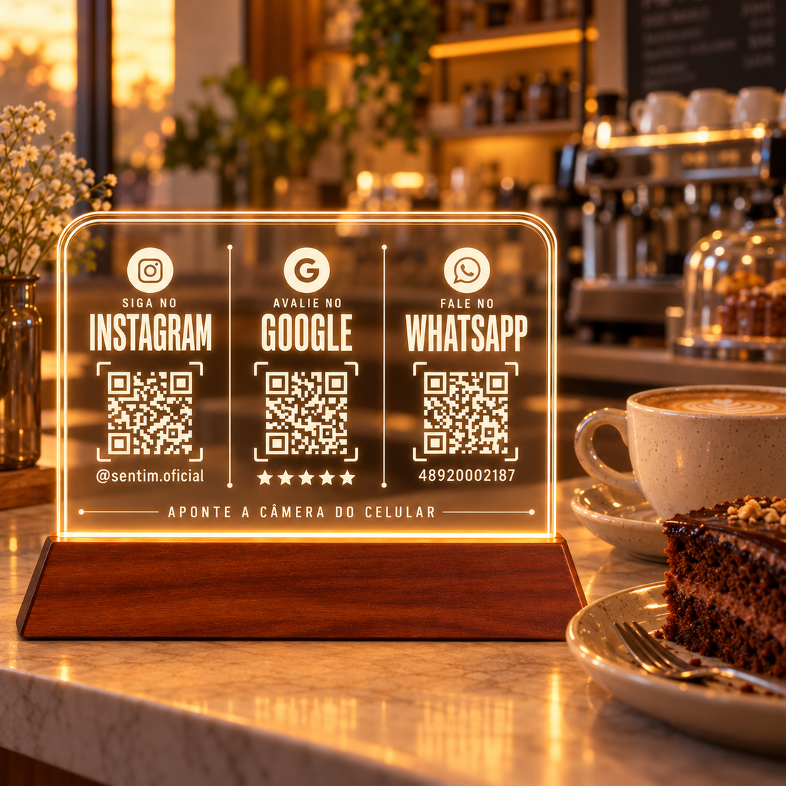 Placa de acrílico horizontal com LED e base de madeira, com três QR Codes: Instagram, Google e WhatsApp