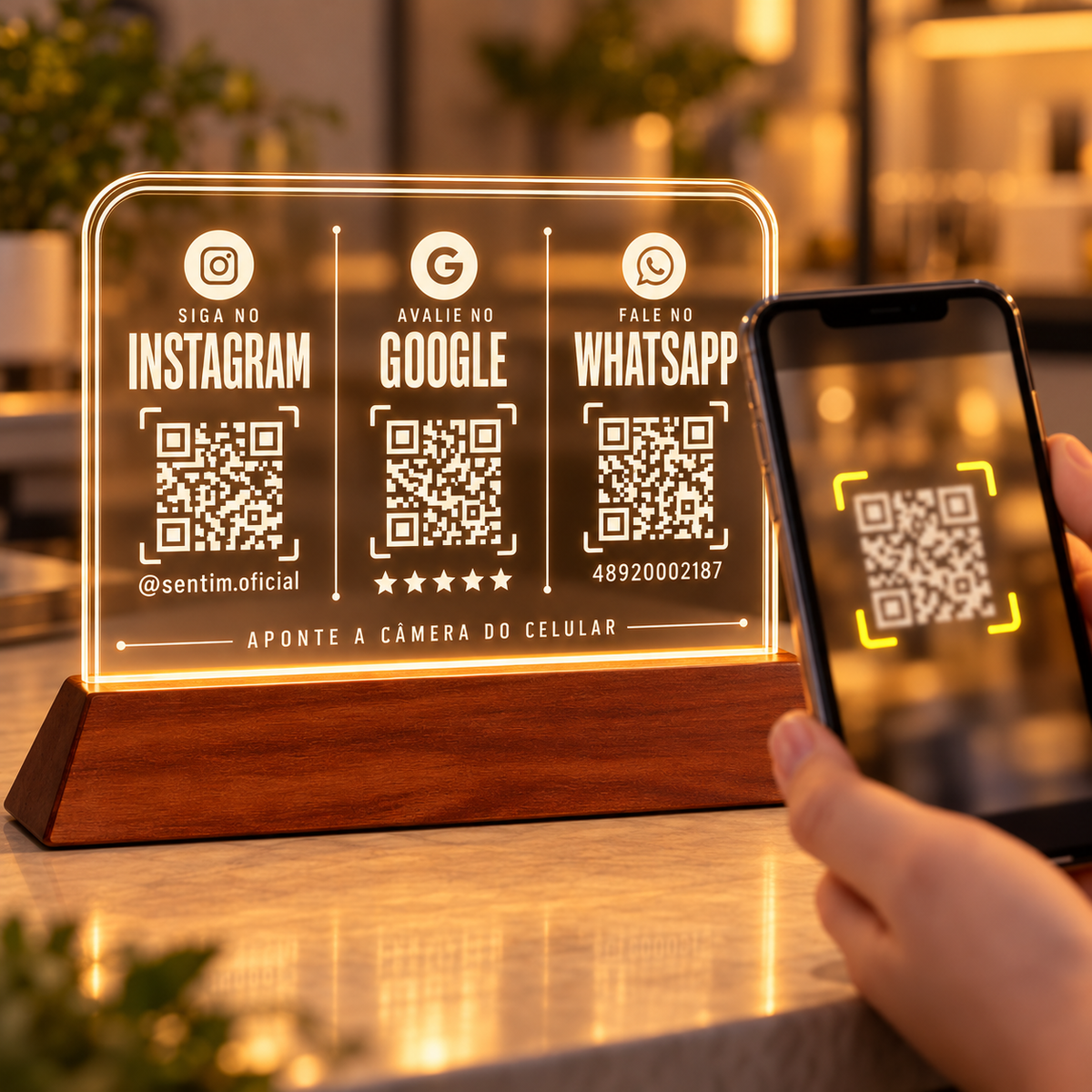 Mão segurando um celular com a câmera apontada para um dos QR Codes da placa