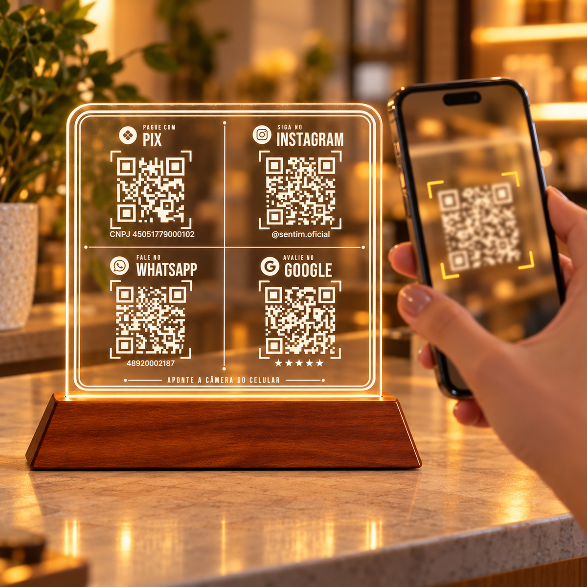 Mão segurando um celular com a câmera apontada para um dos QR Codes da placa