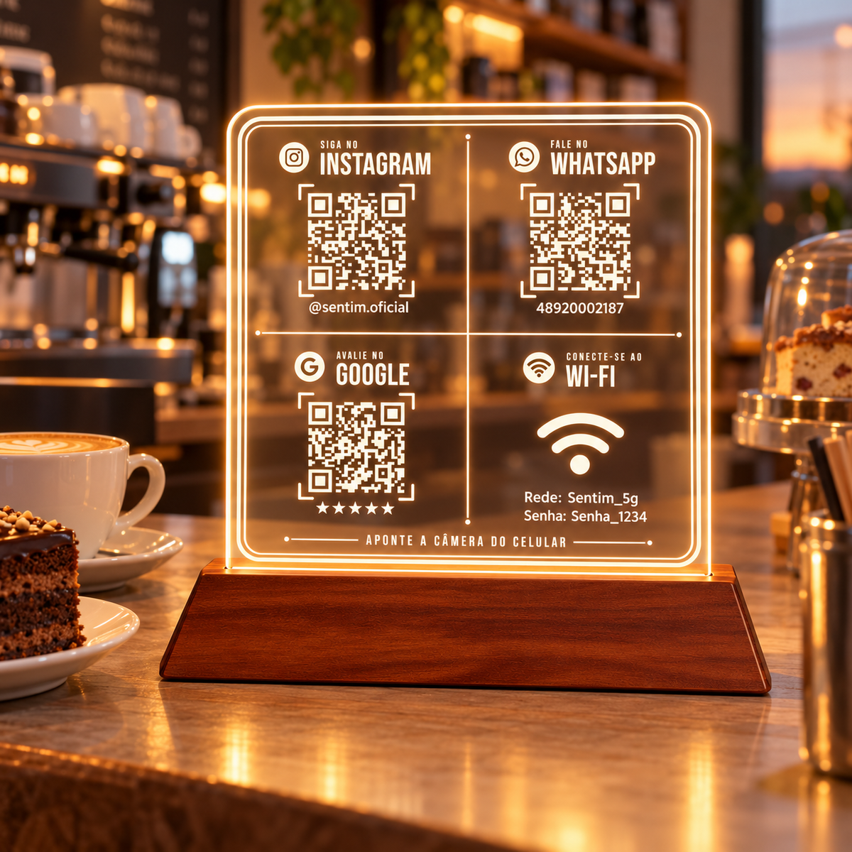 Placa com Instagram, WhatsApp, Google e Wi-Fi e luz LED sobre o balcão de uma cafeteria, com luz quente ao fundo