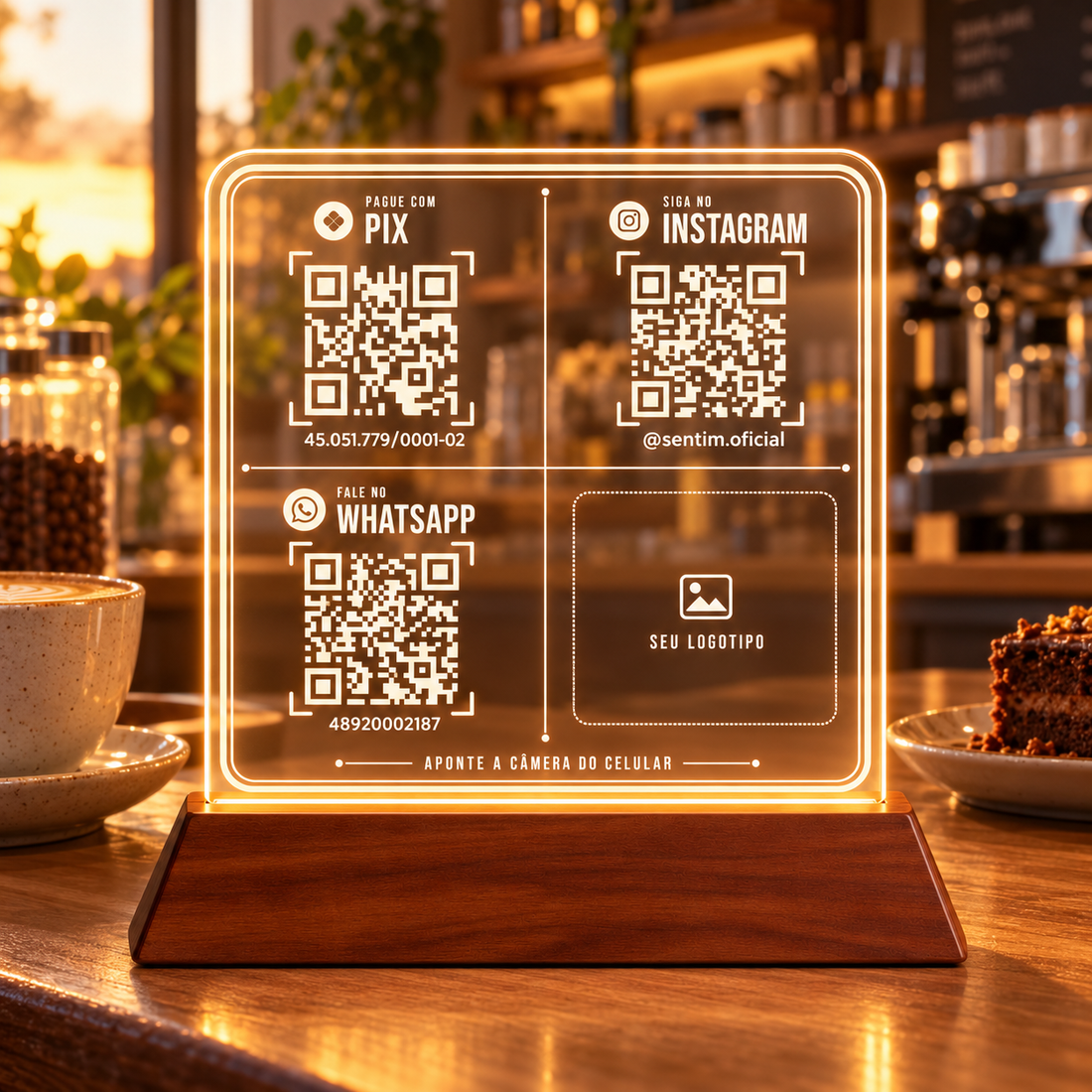 Placa de acrílico quadrada com LED e base de madeira, com três QR Codes (Pix, Instagram e WhatsApp) e um espaço marcado Seu logotipo