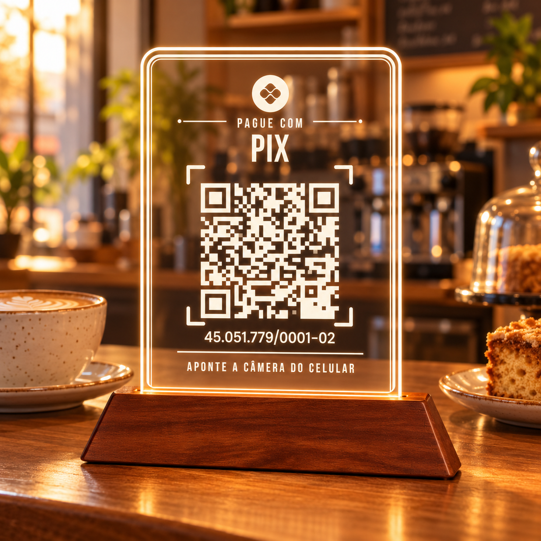 Placa de acrílico em pé com LED e base de madeira, com o QR Code do Pix, a chave escrita e o texto Pague com Pix