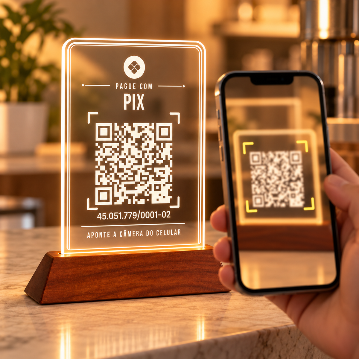 Mão segurando um celular com a câmera apontada para o QR Code de Pix da placa