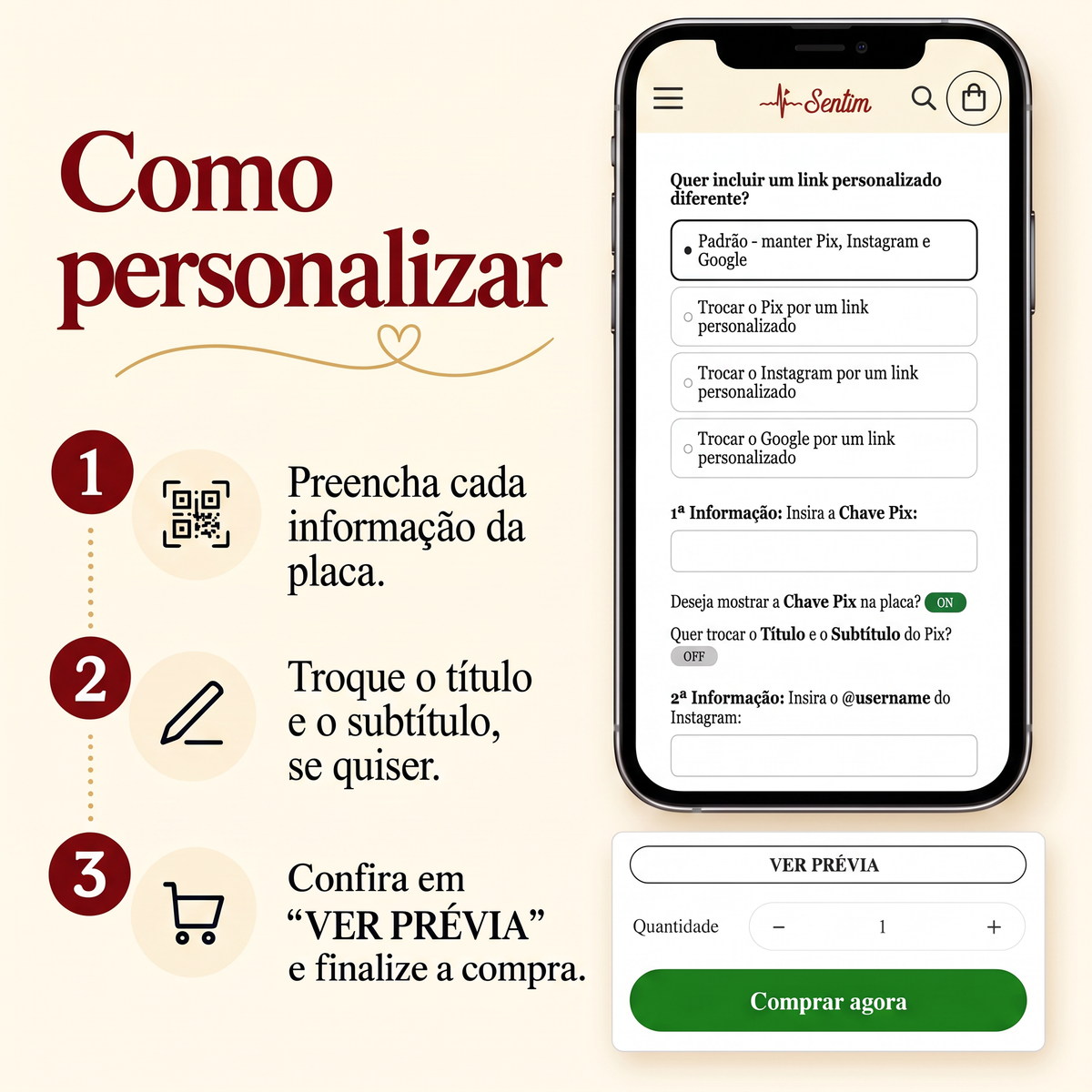 Passo a passo para personalizar a placa: 1, preencha cada informação da placa; 2, troque o título e o subtítulo, se quiser; 3, confira em VER PRÉVIA e finalize a compra. Ao lado, um celular mostra o formulário da placa.