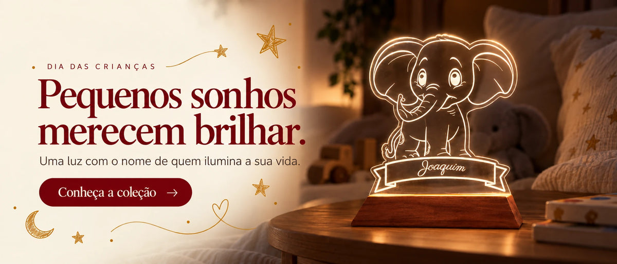 Dia das Crianças: pequenos sonhos merecem brilhar. Luminária Elefantinho personalizada com nome. Conheça a coleção infantil da Sentim.slider_item_RFQUz8