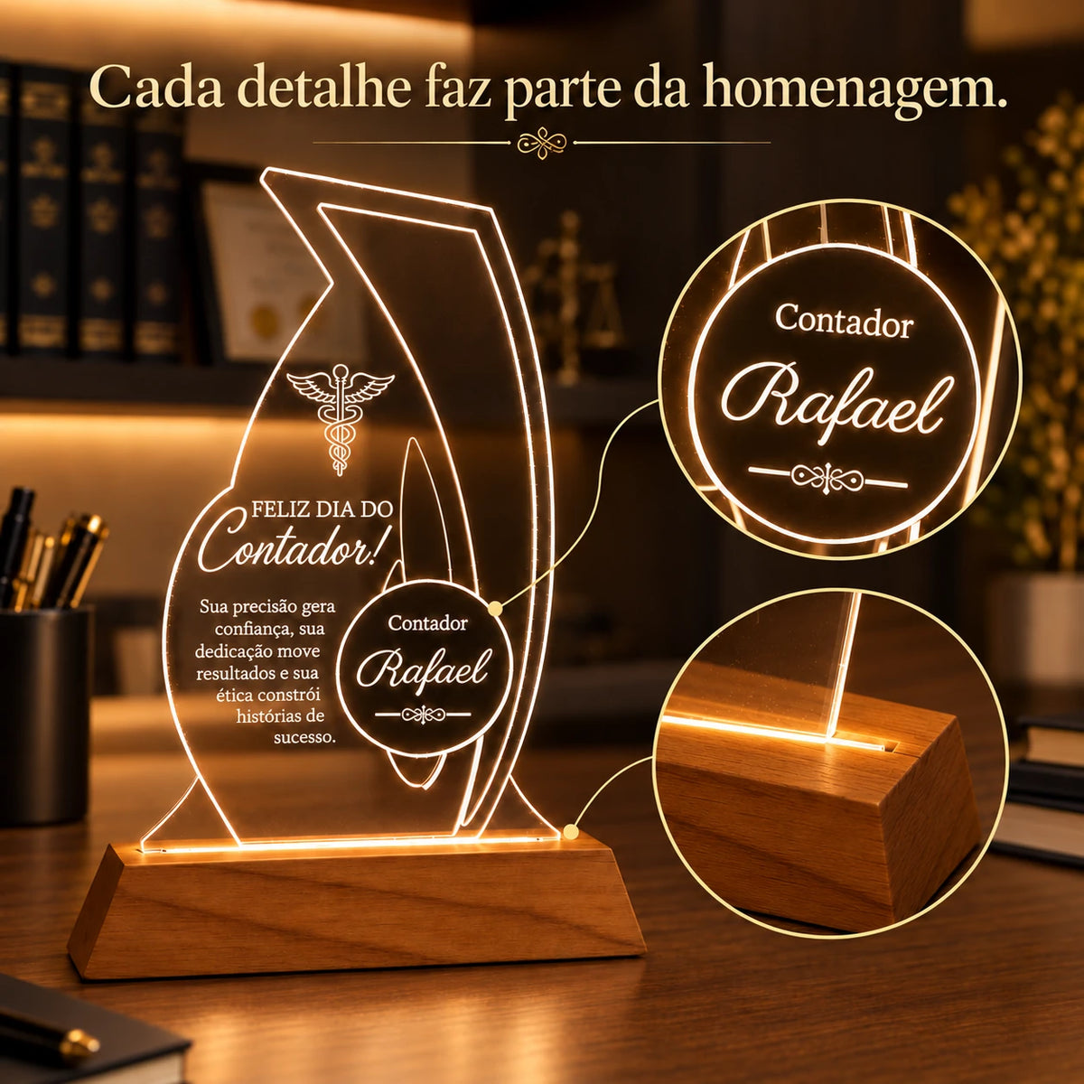 Detalhes do Troféu Luminária Contador e da base