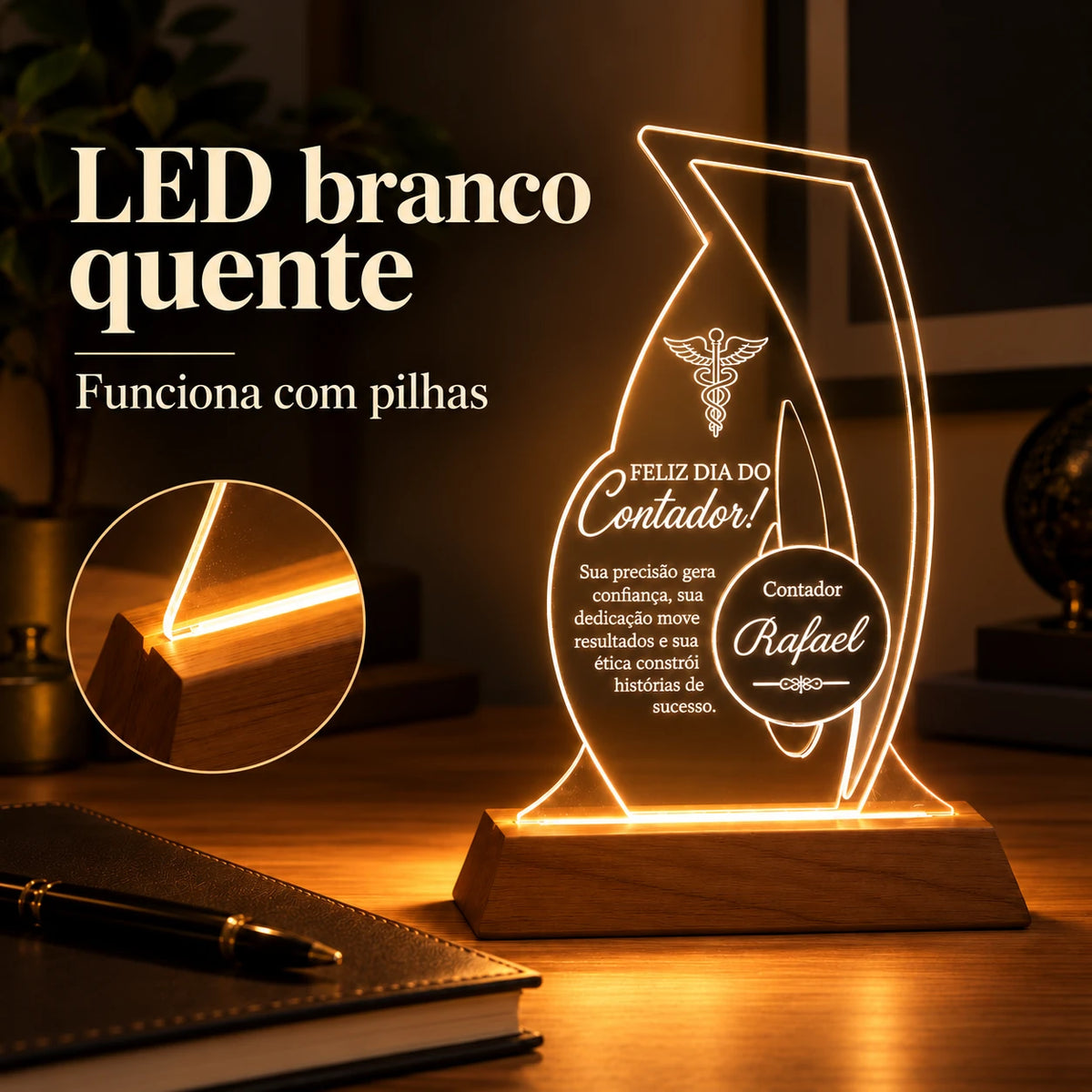 Troféu Luminária Contador aceso com LED branco quente