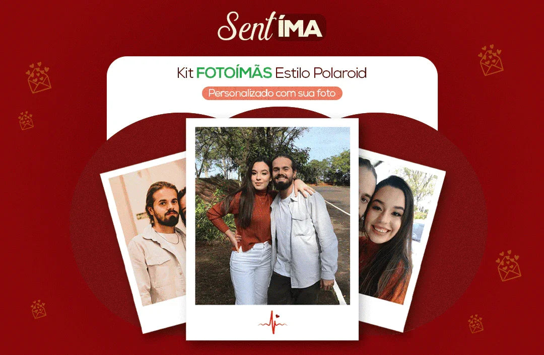 Kit fotoímãs estilo Polaroid personalizado com foto de casal sobre fundo vermelho