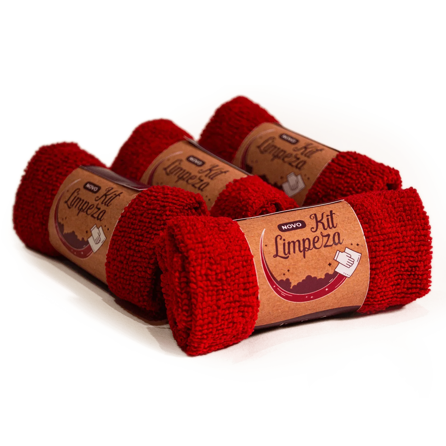 Kit Limpeza com panos vermelhos de microfibra enrolados, embalagem sustentável