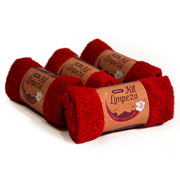 Kit Limpeza com panos vermelhos de microfibra enrolados, embalagem sustentável